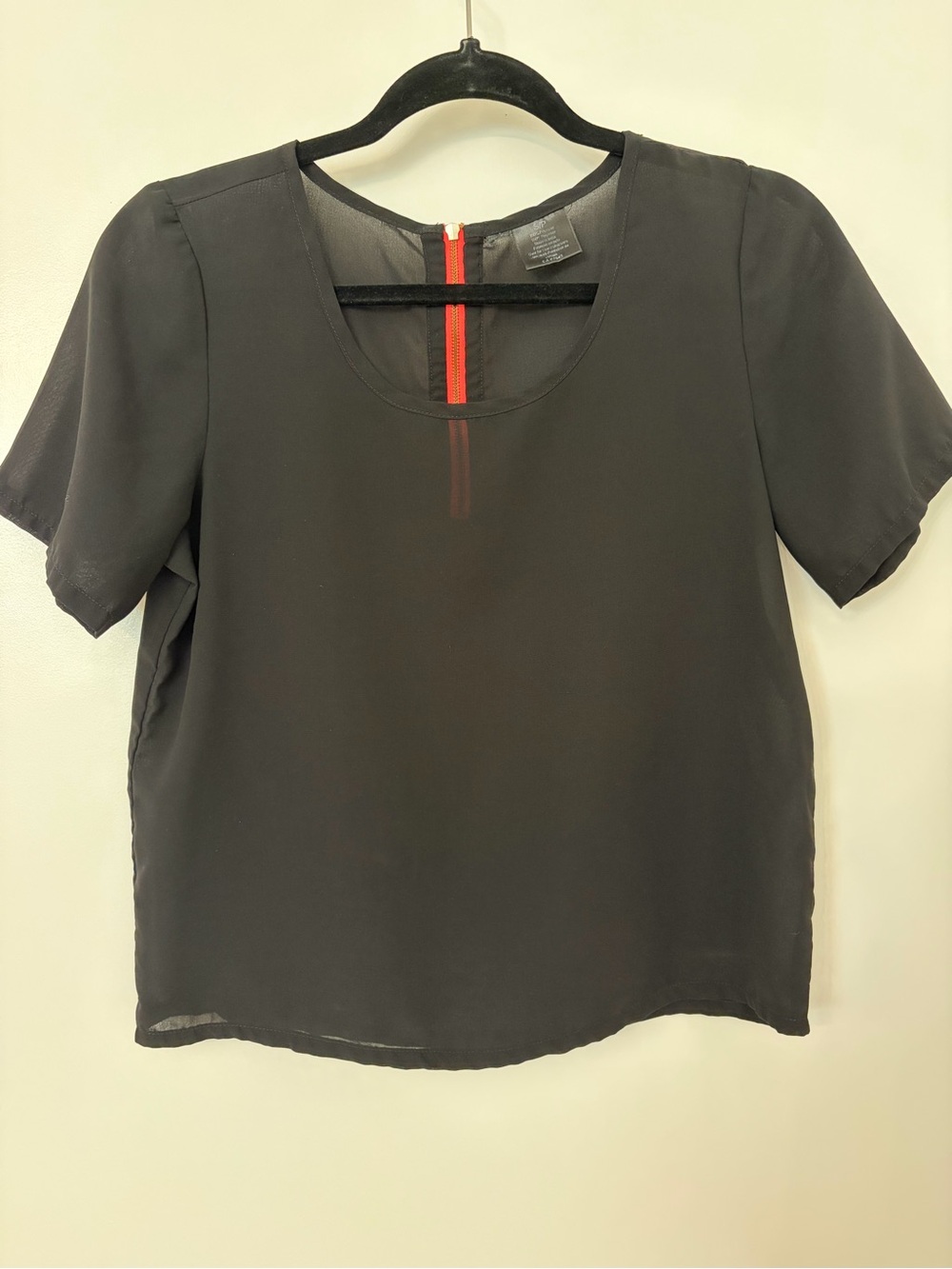 Black Women's Short Sleeve Sheer Blouse with Red Zip Back